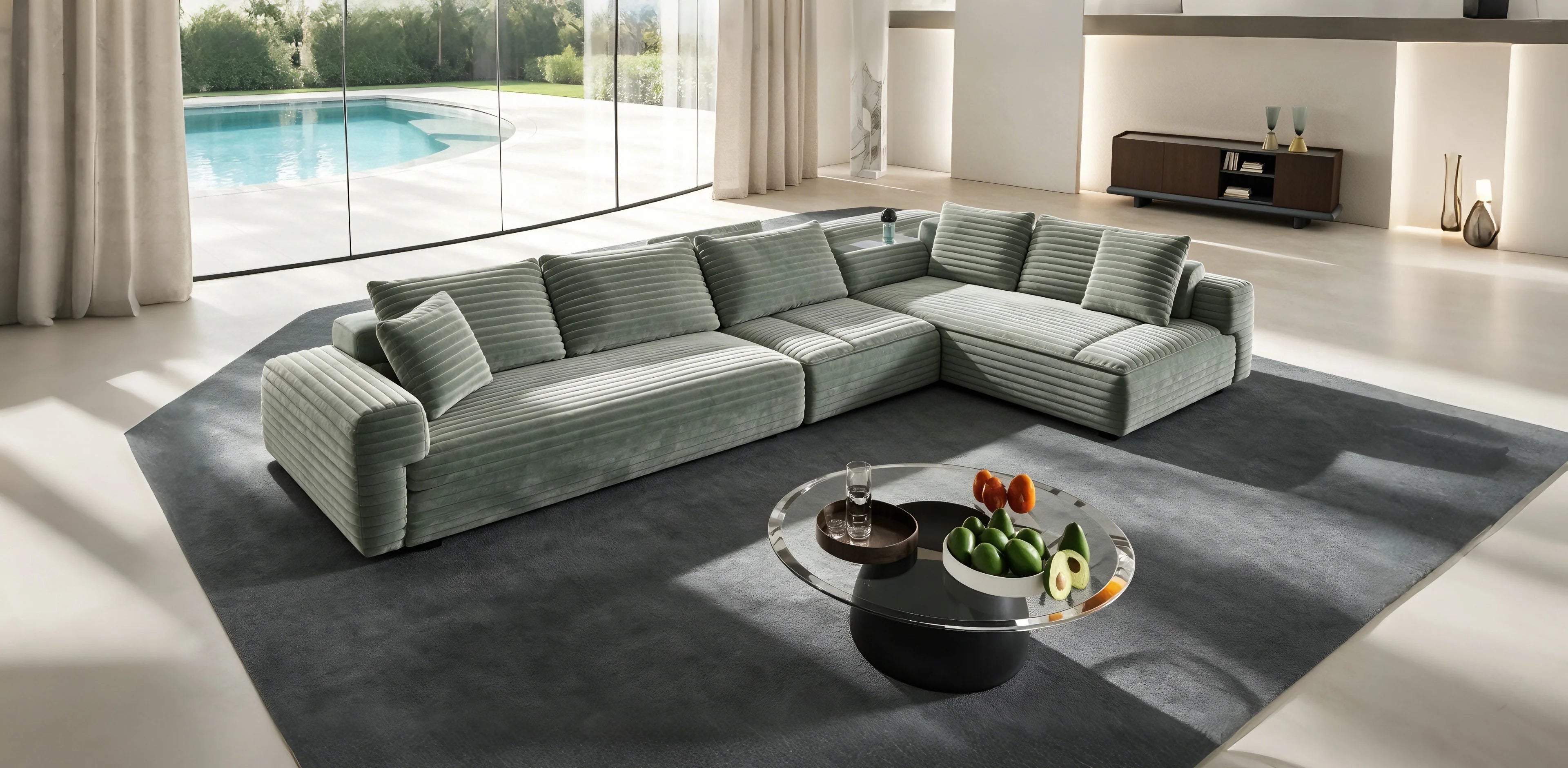 102.4 Canapé convertible 4 places en velours côtelé avec poufs – Vert