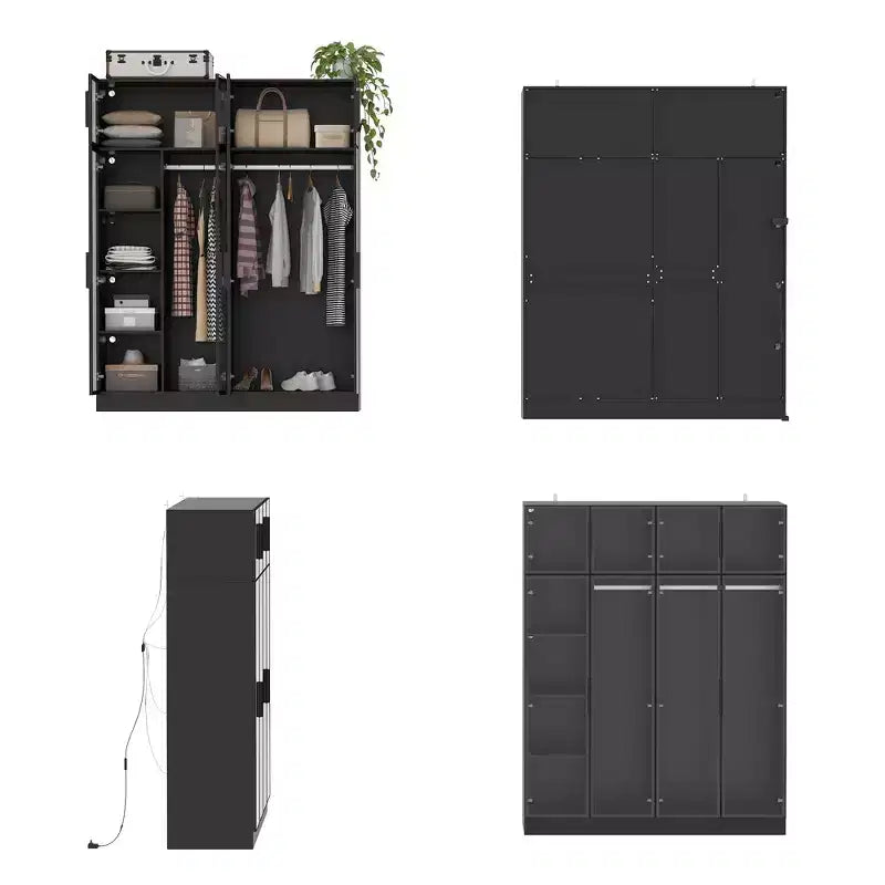Armoire de luxe Hitow Pure Black avec portes en verre trempé, armoire LED 3 couleurs, organisateur de placard de chambre du sol au plafond, placard de dressing