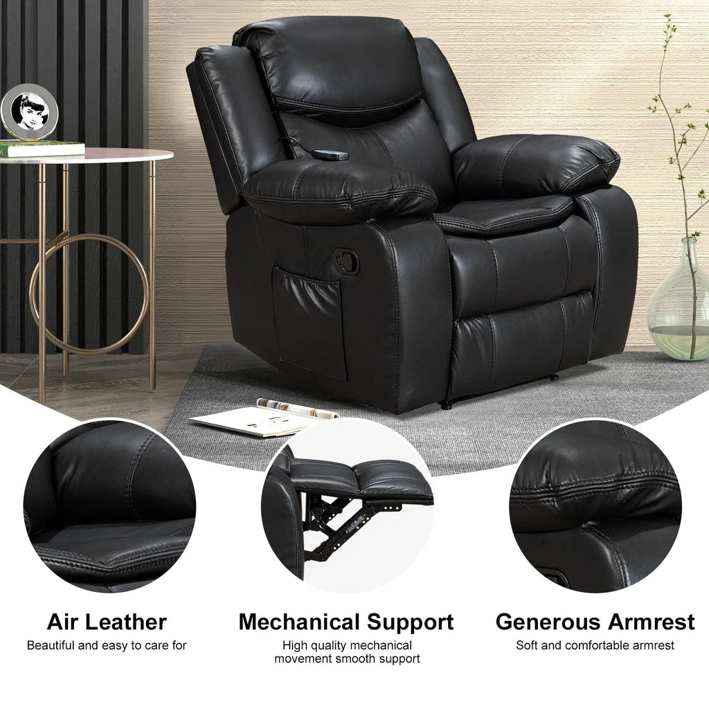 Fauteuil inclinable massant et chauffant en cuir, assise large et durable