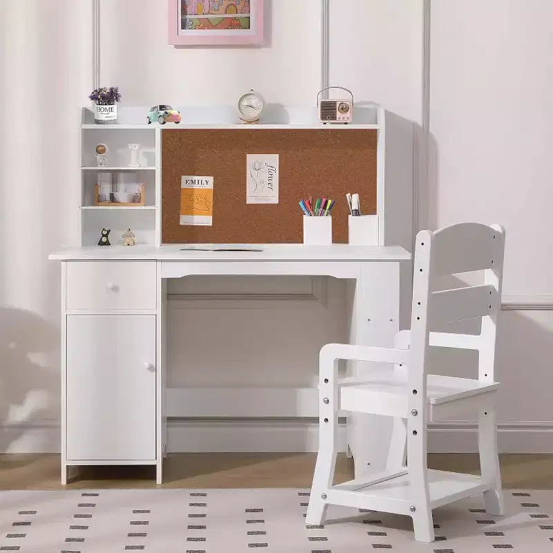 Bureau pour enfants, ensemble bureau et chaise pour garçons et filles, table d'écriture en bois pour enfants avec étagère, tableau d'affichage, armoire et tiroir pour les 3-8 ans