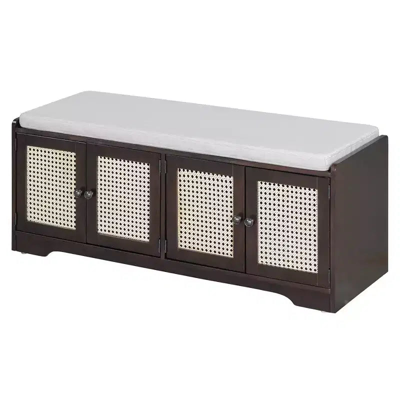 Banc de rangement rustique en bois Whisen, banc à chaussures d'entrée avec coussin amovible, étagères réglables