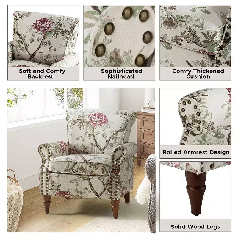 Fauteuil en bois traditionnel Araceli, rembourré à motifs floraux, avec dossier à oreilles et garniture cloutée | ART OF LIVING DESIGNS