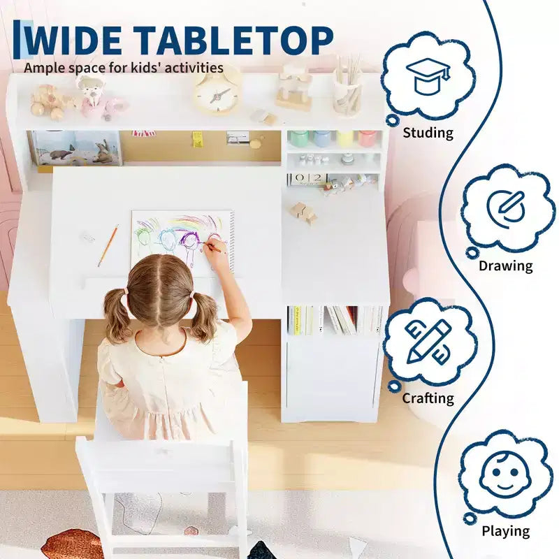 Bureau et chaise d'étude pour enfants avec rangement, bureau d'étude pour enfants avec étagère supérieure et inclinable, pour les 3-8 ans, table d'écriture pour chambre d'enfant