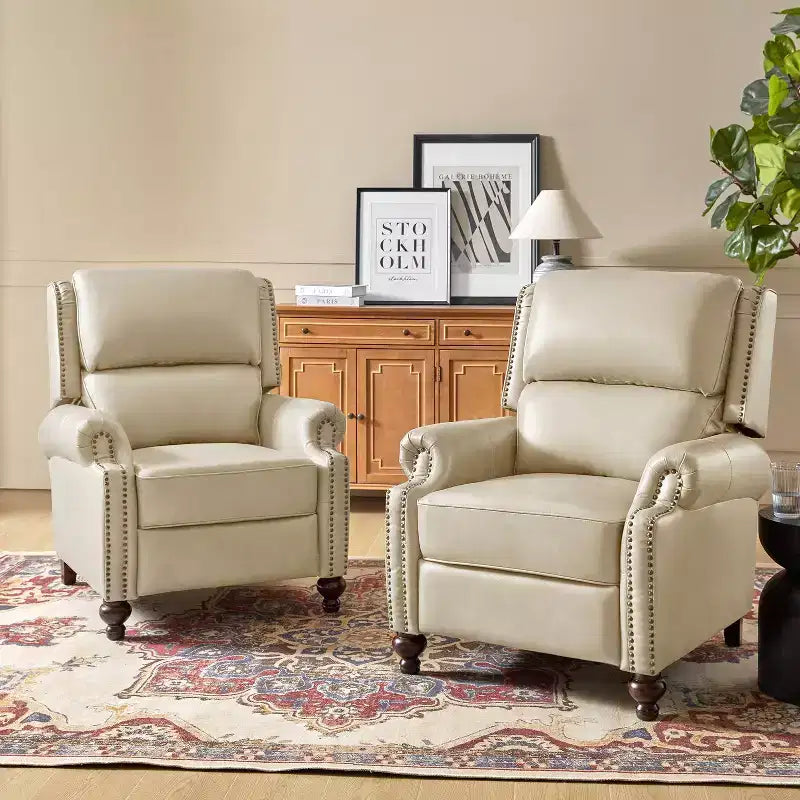 Ensemble de 2 fauteuils inclinables modernes en cuir véritable Elisabete avec garniture cloutée vintage pour salon et chambre à coucher | ART OF LIVING DESIGNS