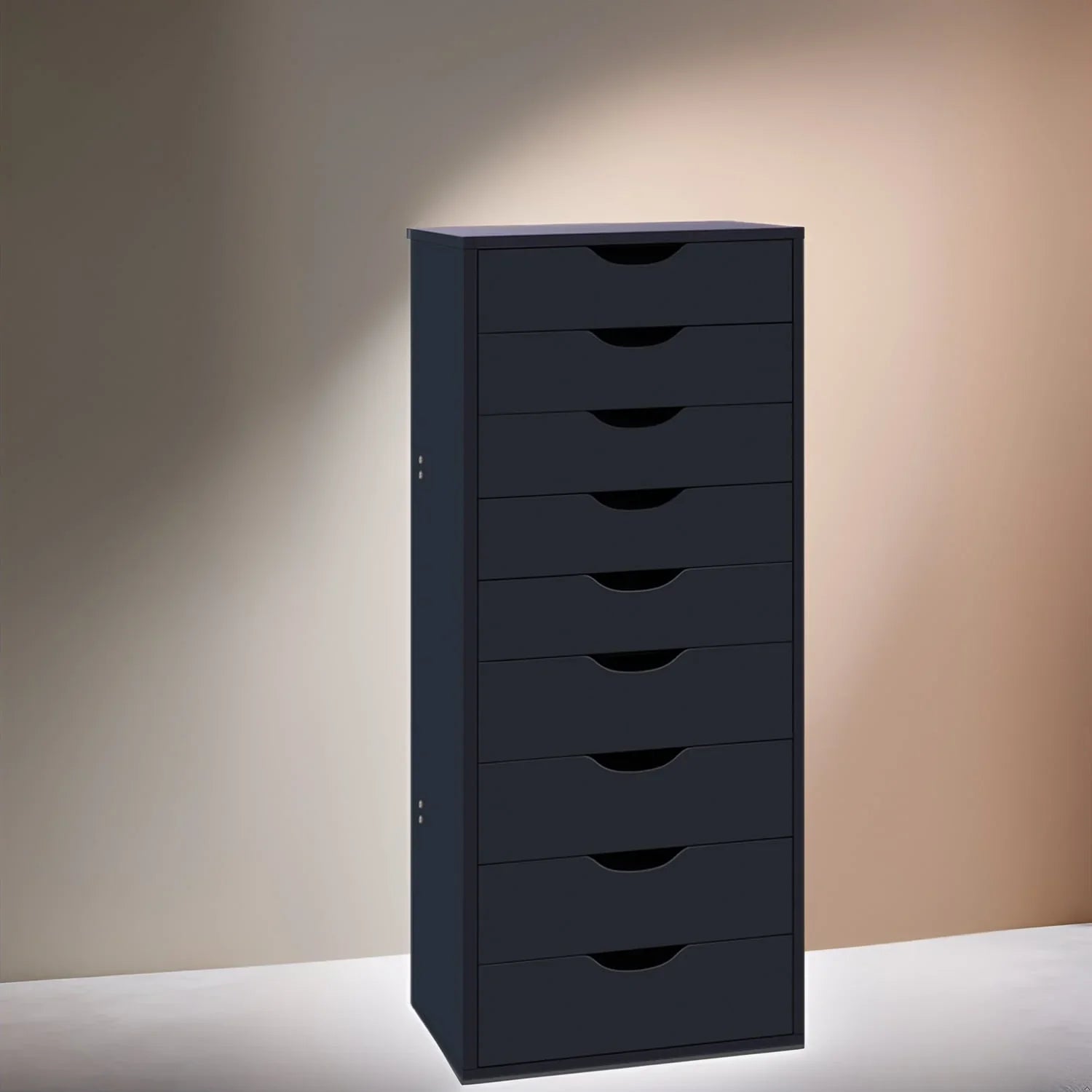 Étroite commode en bois à 9 tiroirs coulissants et étagère de rangement supérieure