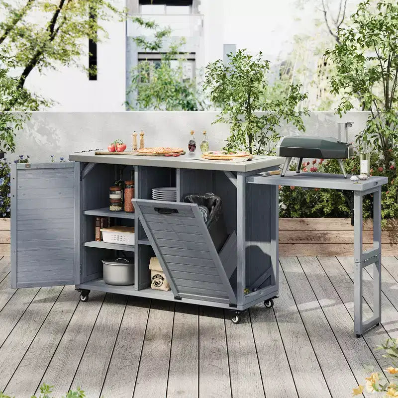 Îlot de cuisine d'extérieur FAMYYT de 198,9 cm avec comptoir en acier inoxydable, station de barbecue pliable et armoires de rangement, Bleu Gris