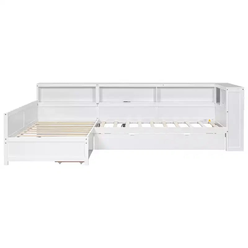 Lit plateforme en L de taille double avec lit gigogne et station de recharge, cadre de lit en bois avec étagère
