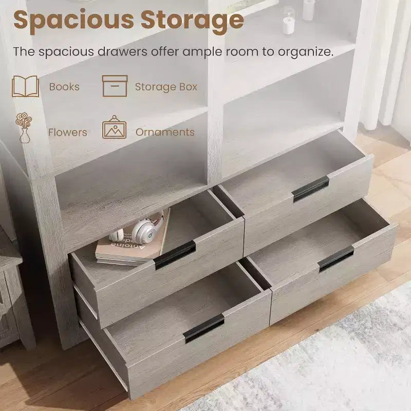 Bibliothèque haute de 72 po avec 4 tiroirs, étagère de rangement autoportante de style campagnard pour chambre à coucher, salon, bureau à domicile