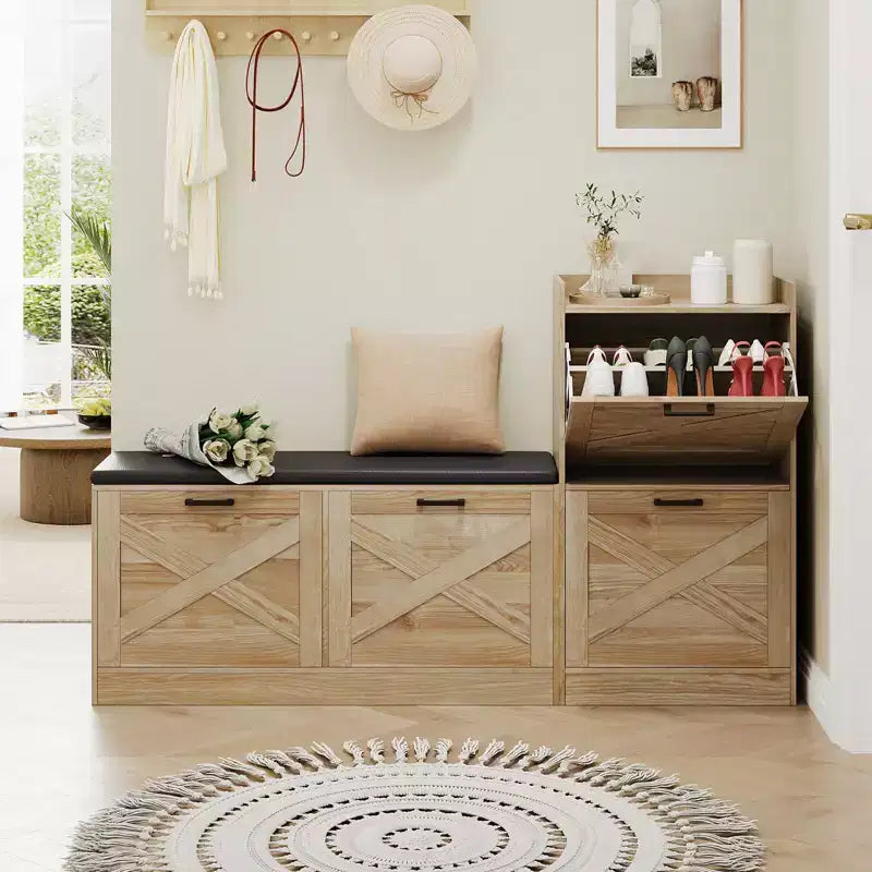 Banc avec 4 tiroirs relevables et coussin de siège rembourré, Étagère à chaussures étroite en bois, Convient pour le banc d'entrée de salon