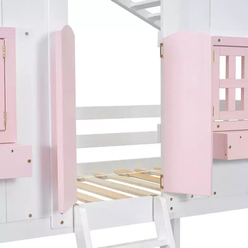 Lit mezzanine cabane de taille double, lit mezzanine cabane en bois avec échelle et barrières de sécurité pour enfants
