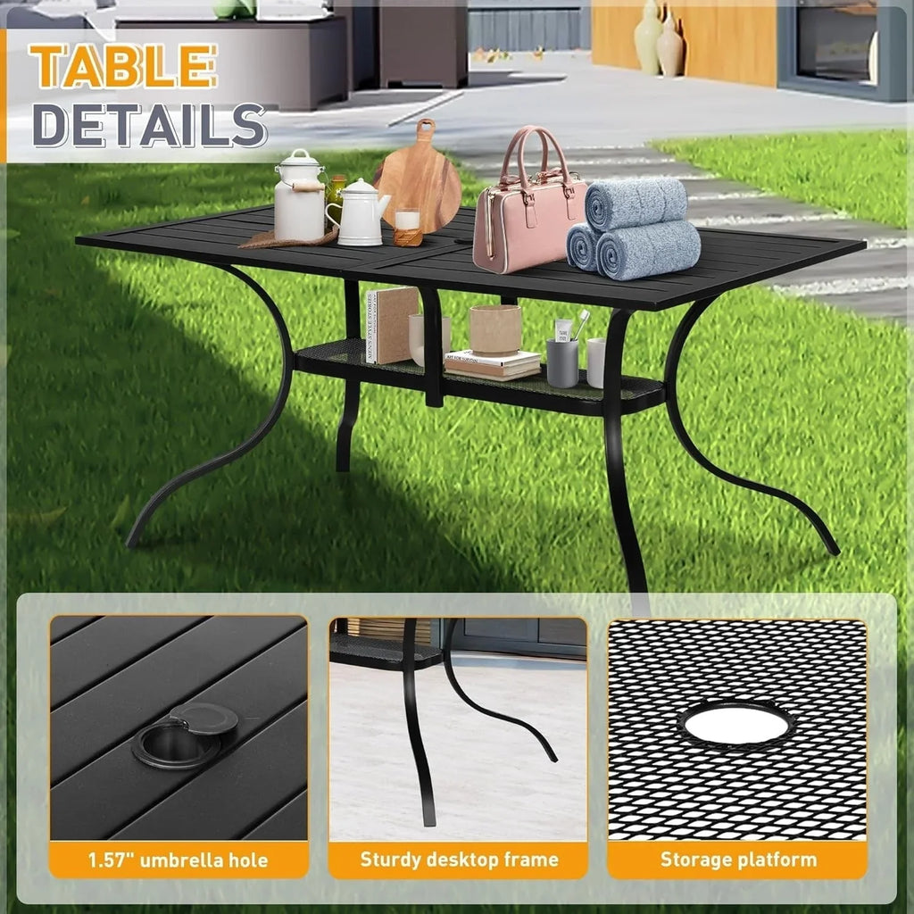 SUNCROWN Salon de jardin 5/7 pièces en acier avec table à lattes métalliques et chaises empilables Structure thermolaquée