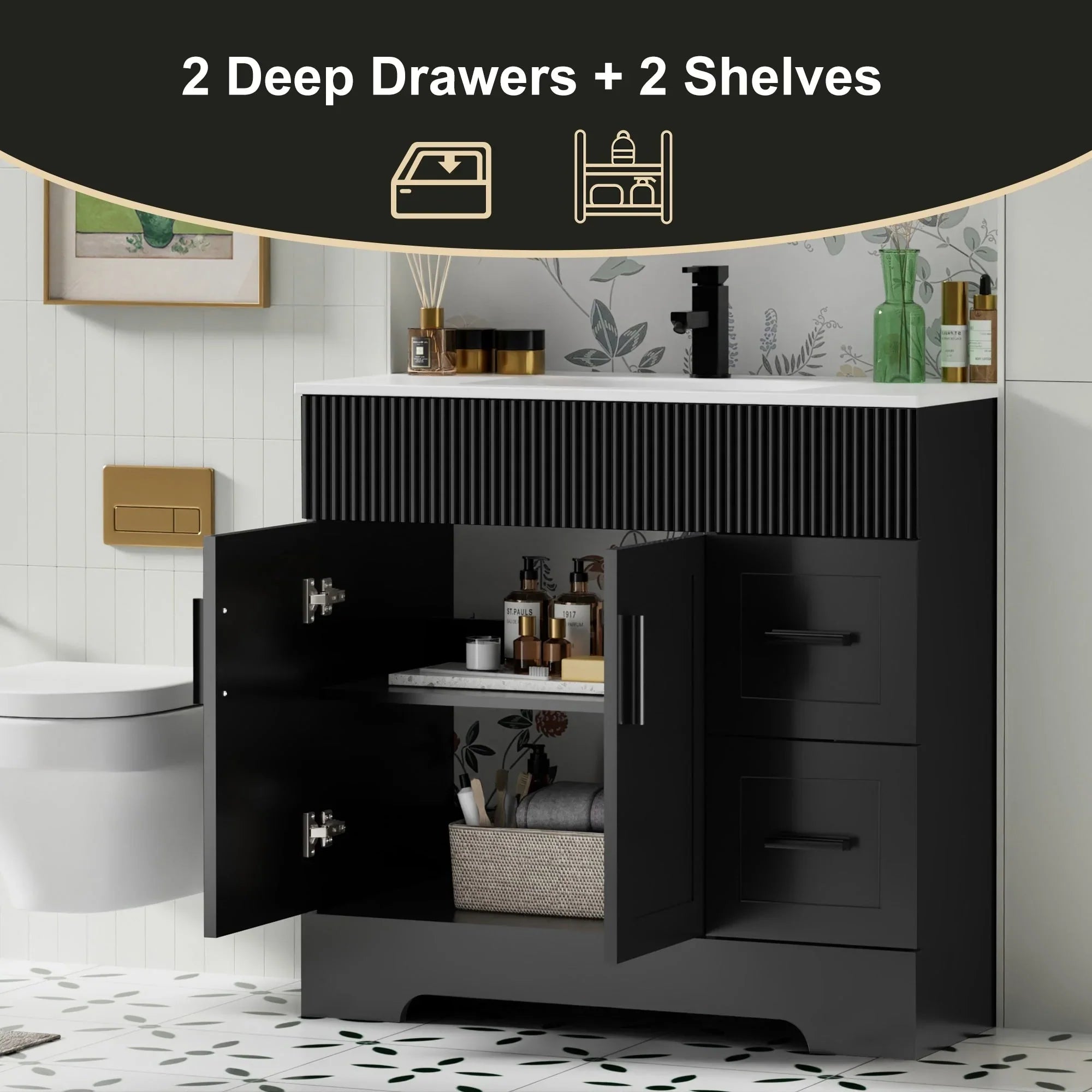 Meuble-lavabo de salle de bain Wavy Line 30/36/48 avec évier et robinet