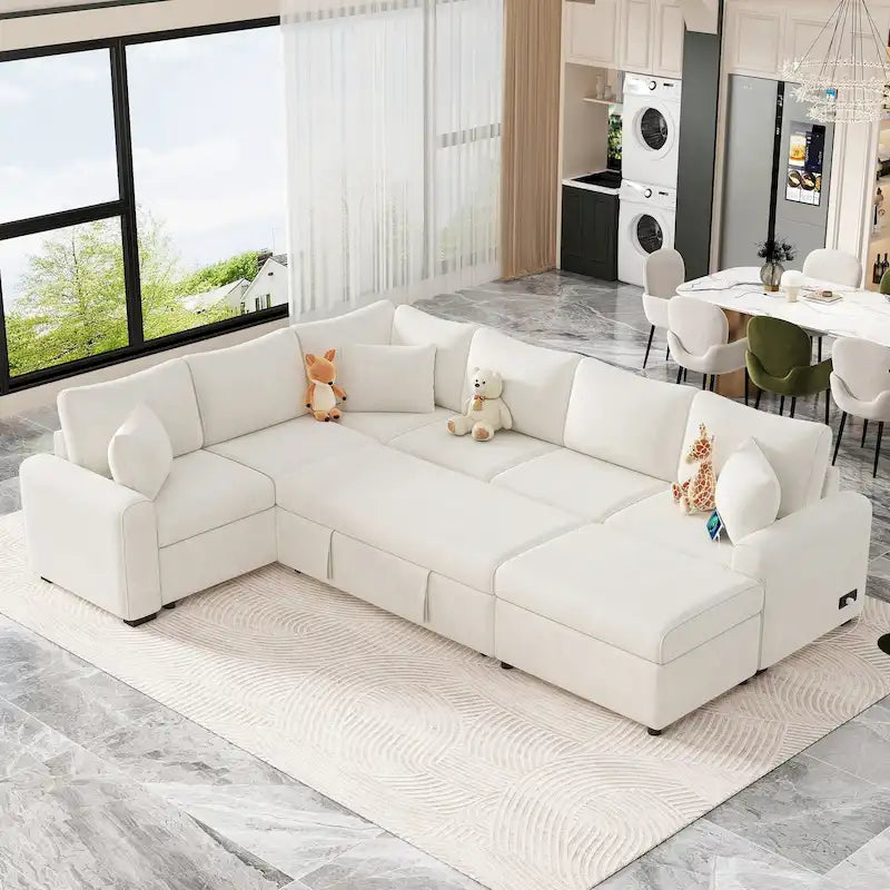Canapé d'angle en chenille convertible, canapé-lit en forme de L avec pouf de rangement, 3 oreillers et dispositifs de charge
