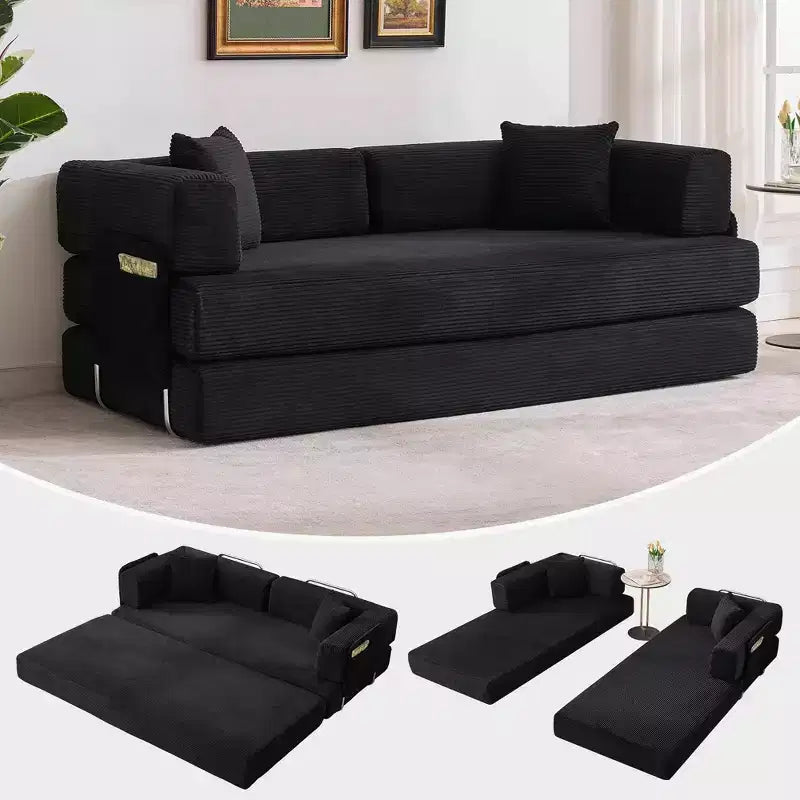 Canapé convertible, matelas pliant 5-en-1 de 78,8 po, cadre en acier à forme fixe, velours côtelé avec oreillers