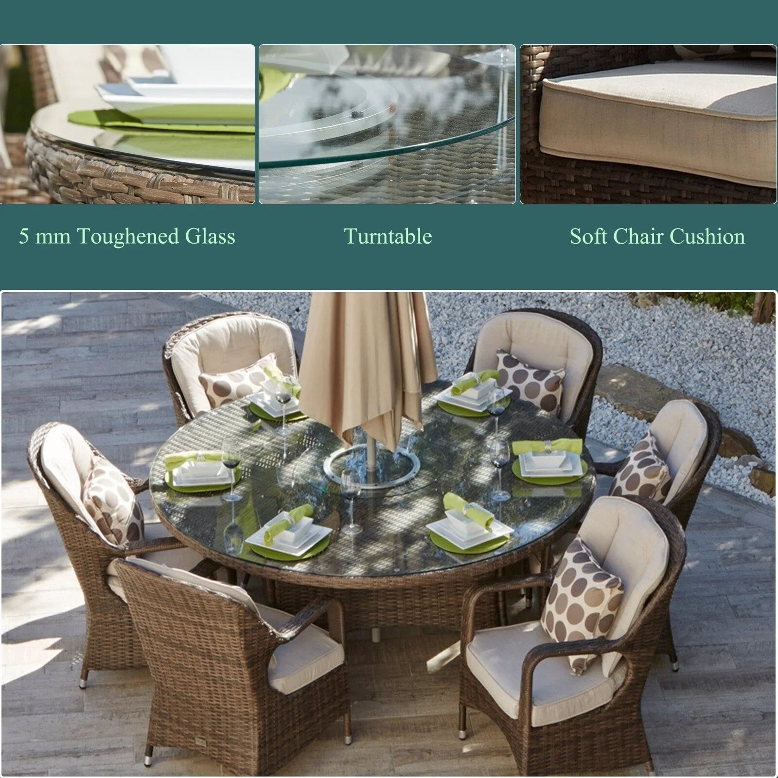 Ensemble de salle à manger rond 7 pièces en rotin tressé d'extérieur avec coussins par Moda Furnishings