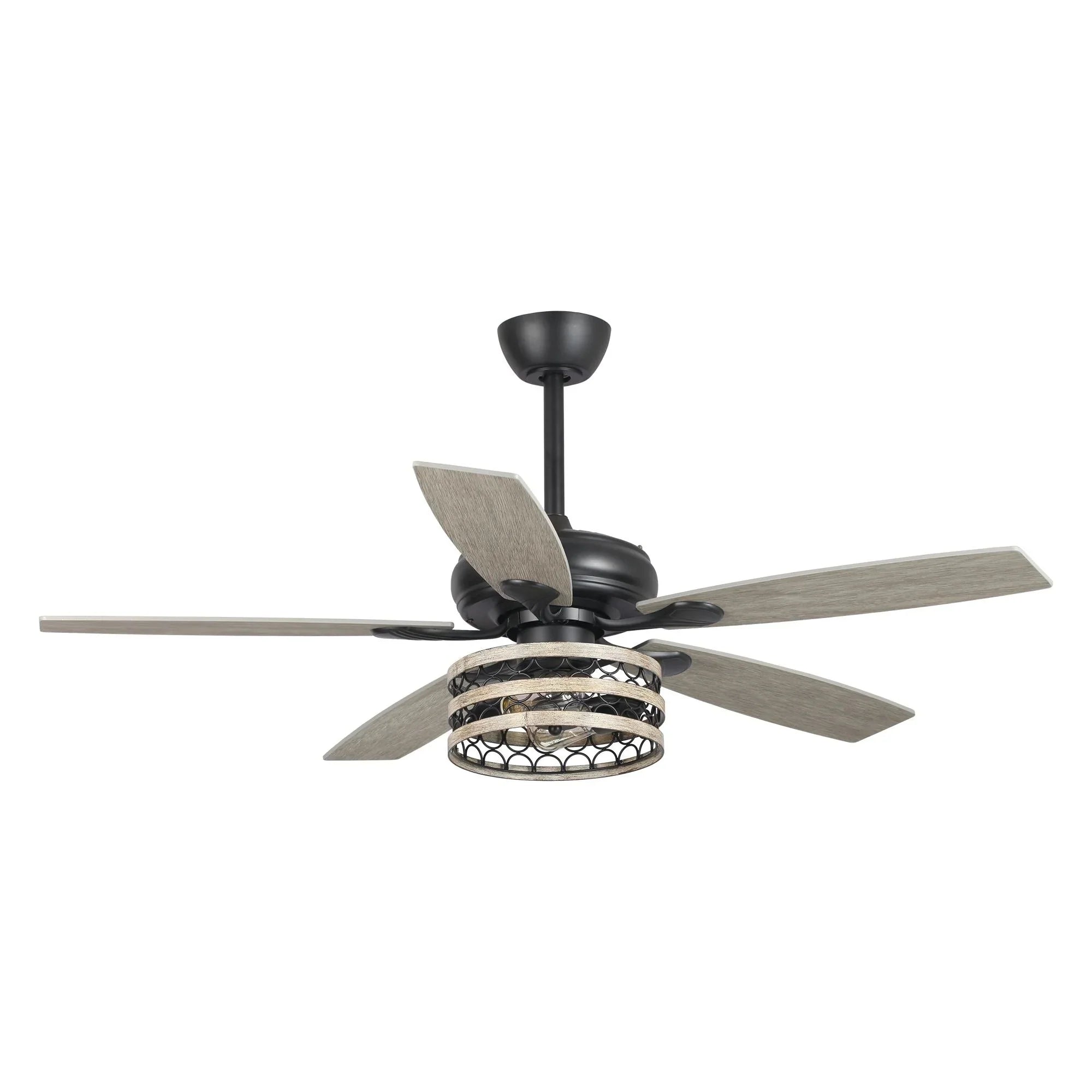 Ventilateur de plafond 52" Farmhouse Driftwood avec 5 pales, cage noire et télécommande