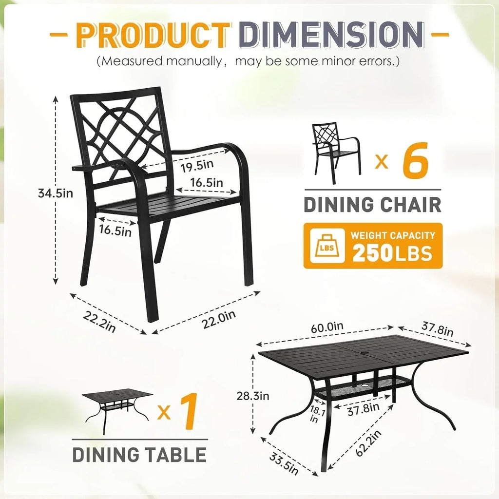 SUNCROWN Salon de jardin 5/7 pièces en acier avec table à lattes métalliques et chaises empilables Structure thermolaquée