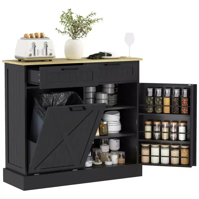 Meuble poubelle coulissant HOMCOM avec tiroirs, meuble de cuisine de style campagnard avec poubelle cachée pour la cuisine
