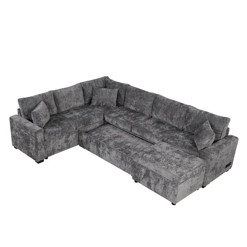 Canapé d'angle en chenille convertible, canapé-lit en forme de L avec pouf de rangement, 3 oreillers et dispositifs de charge