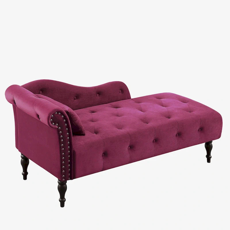 Chaise longue moderne de 154 cm avec revêtement en velours, boutons capitonnés, pieds en bois massif et clous de tapissier