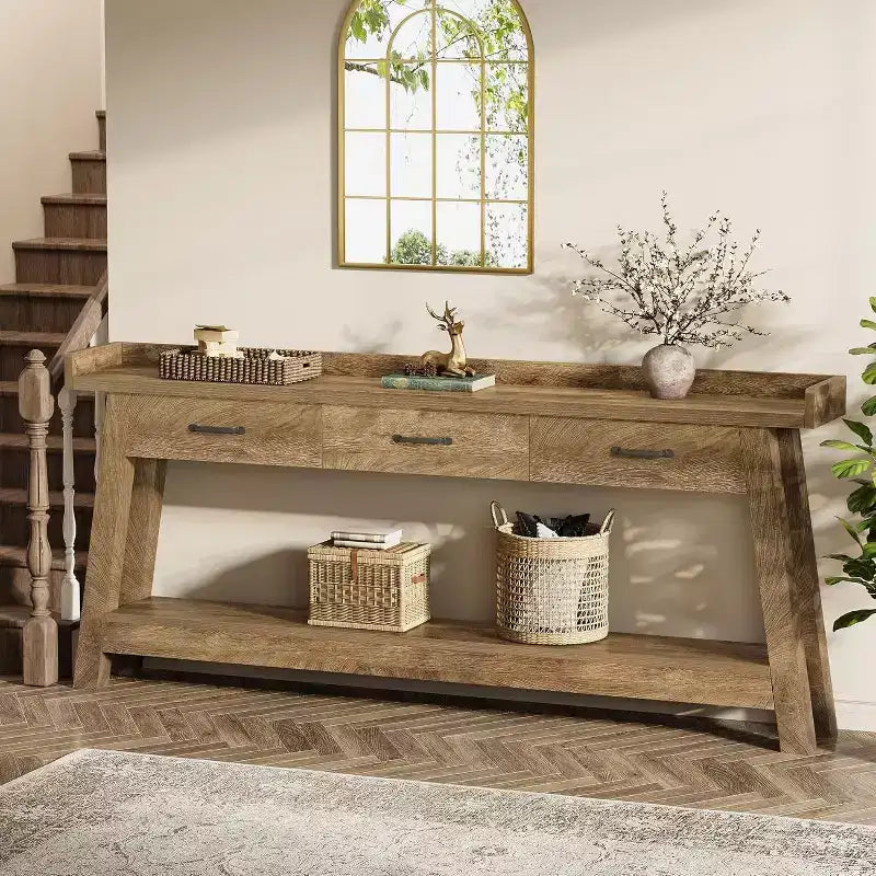 Table de canapé à 2 niveaux Lantine avec 3 tiroirs, console de 180 cm avec chicane surélevée et étagères de rangement pour salon, couloir, entrée