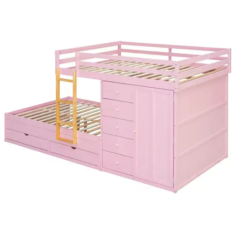 Lit superposé double sur double avec armoire de rangement et tiroirs, lit superposé double en bois peu encombrant avec garde-corps pour appartement, chambre à coucher