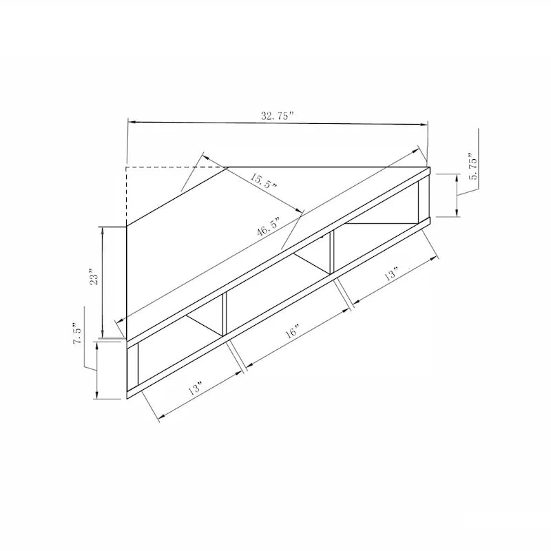 Meuble TV d'angle flottant de 119 cm, 3 étagères, style transitionnel, fixation murale gain de place