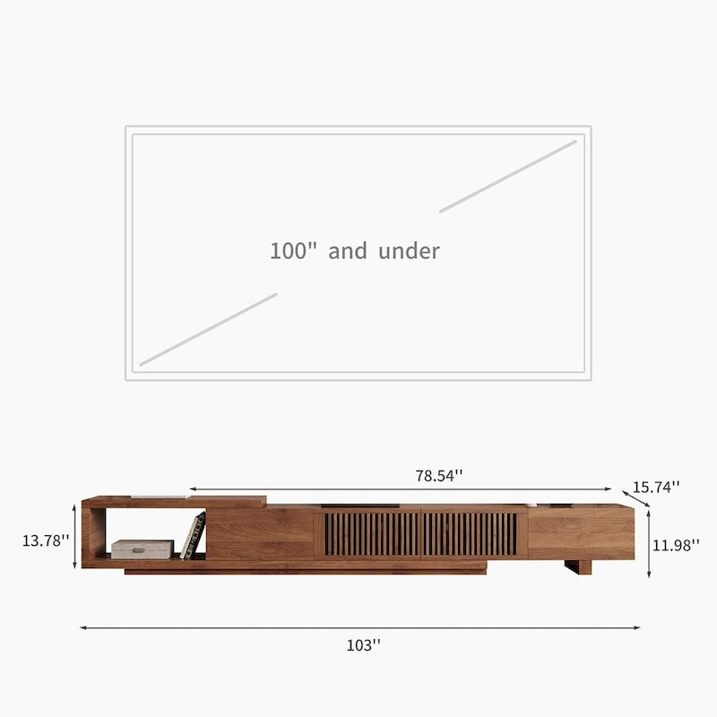 Meuble TV rétractable et extensible moderne avec 4 tiroirs, jusqu'à 261,62 cm - 78,54P x 15,74L x 13,78H