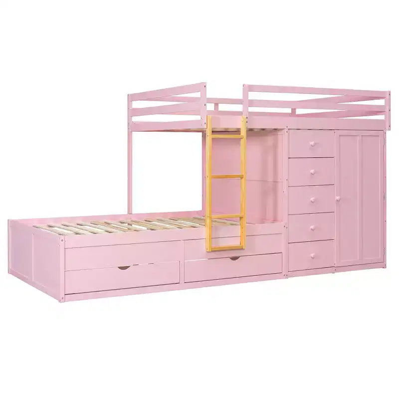 Lit superposé double sur double avec armoire de rangement et tiroirs, lit superposé double en bois peu encombrant avec garde-corps pour appartement, chambre à coucher
