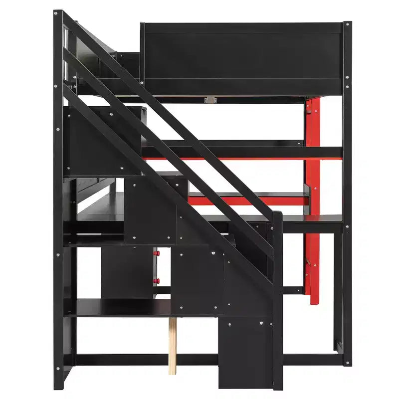 Lit mezzanine GDFStudio Scott en bois avec escalier de rangement, bureau, étagères et panneau perforé