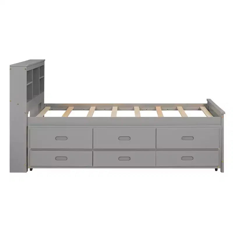 Lit plateforme avec lit gigogne et tiroirs, lit plateforme de rangement avec USB, lit plateforme en bois avec bibliothèque