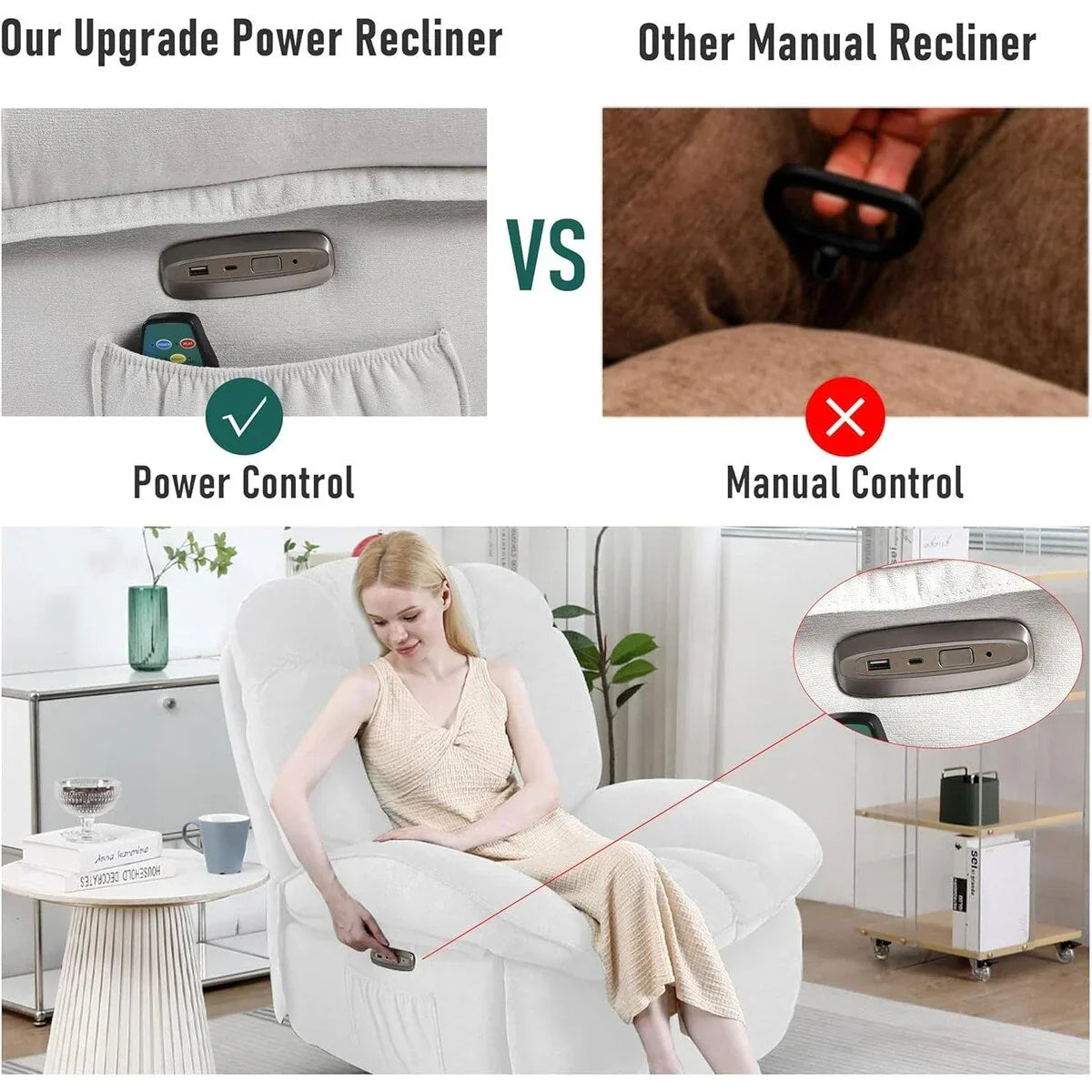 Fauteuil inclinable pivotant XINMICS, Fauteuils inclinables à bascule de massage avec fonction chauffante, ports USB, USB-C et pochette latérale