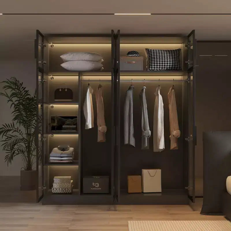 Armoire de luxe Hitow Pure Black avec portes en verre trempé, armoire LED 3 couleurs, organisateur de placard de chambre du sol au plafond, placard de dressing