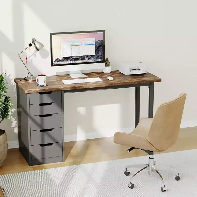 Bureau d'ordinateur de 119 cm avec 5 tiroirs de rangement, table d'étude/d'écriture réversible de style rustique moderne, poste de travail de bureau à domicile pour petits espaces