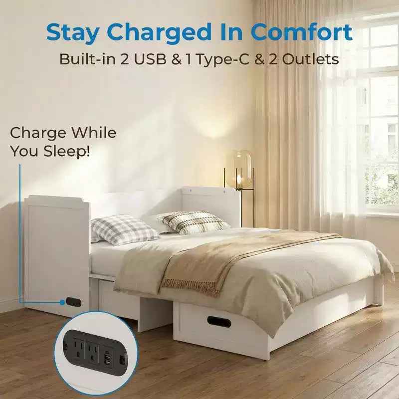 Lit escamotable convertible Queen Size Mjkone avec matelas, chargement USB, tiroirs de rangement