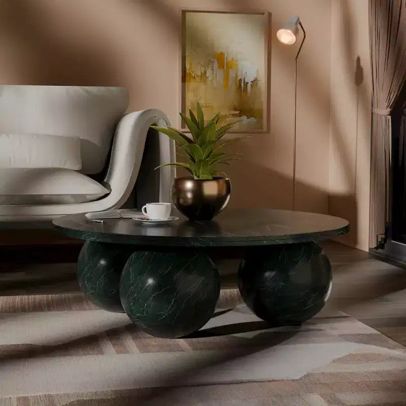 Table basse ronde en marbre avec pieds sphériques, multicolore, 4-6 places