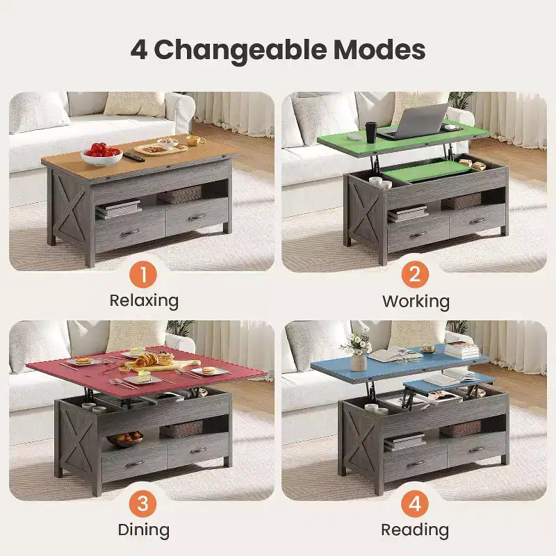 Table basse relevable avec espace de rangement, table basse style ferme, table basse avec deux tiroirs, table basse pour salon et bureau