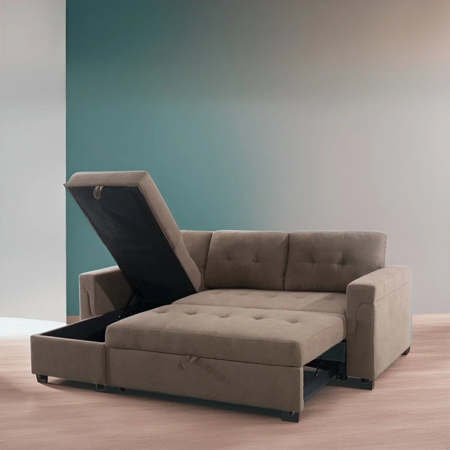 Canapé d'angle réversible convertible avec lit gigogne, méridienne de rangement et pieds durables