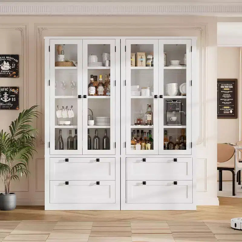 Vaisselier de cuisine de ferme avec portes vitrées, Armoire de rangement de 183 cm avec tiroirs et étagères réglables pour salle à manger, salle de bain, salon