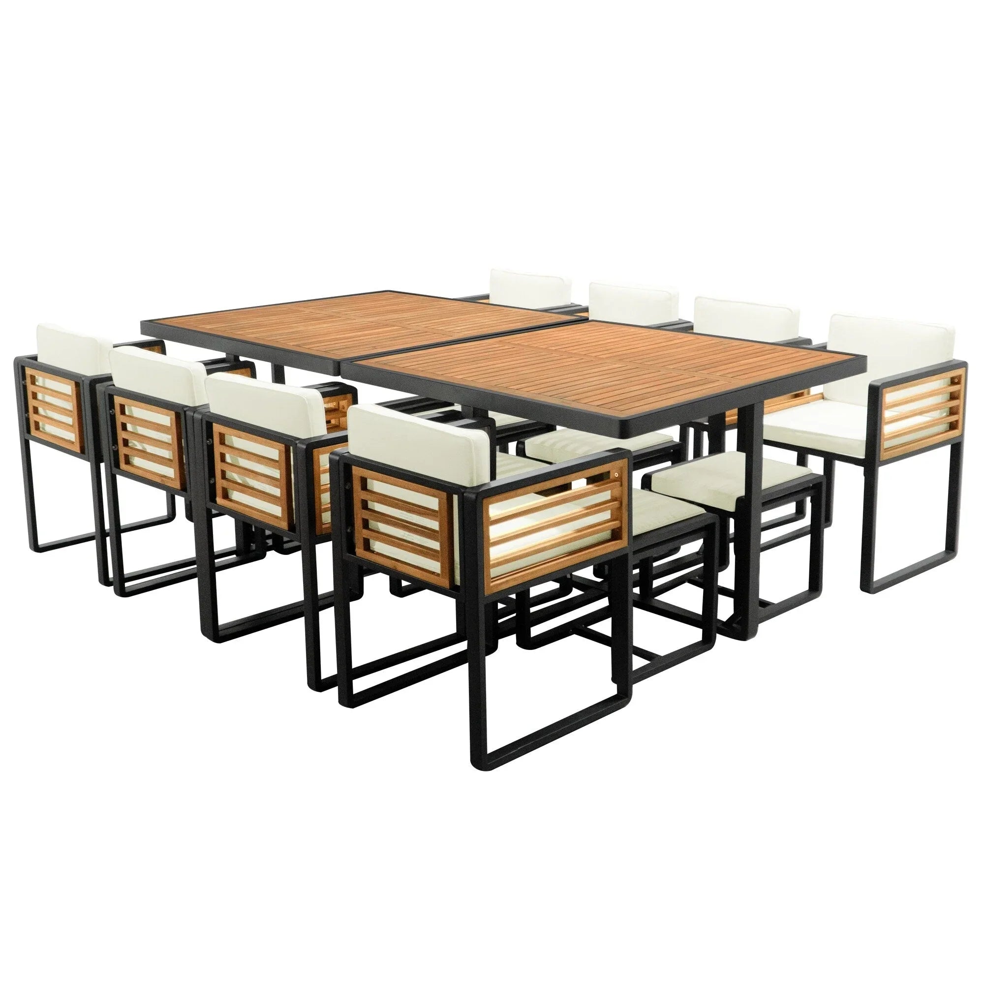 Ensemble de salle à manger d'extérieur 18 pièces en bois d'acacia, 8 chaises rembourrées, 8 poufs et 2 tables carrées