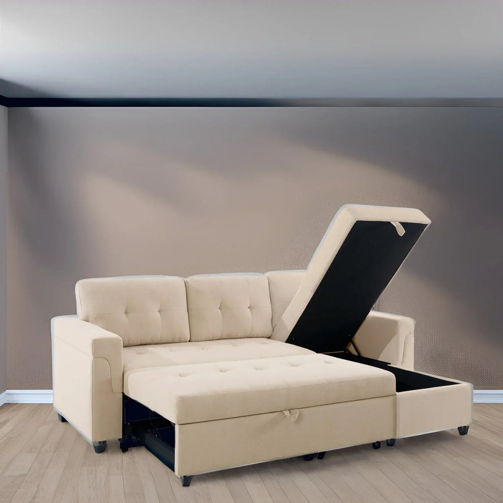 Canapé d'angle réversible convertible avec lit gigogne, méridienne de rangement et pieds durables