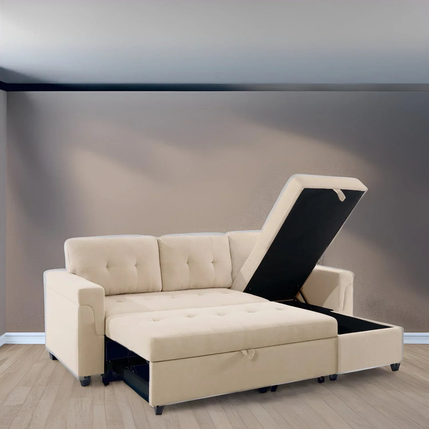 Canapé d'angle réversible convertible avec lit gigogne, méridienne de rangement et pieds durables