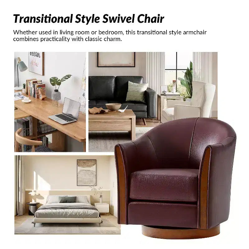 Fauteuil club pivotant en cuir véritable Pocono avec piétement en bois massif, lot de 2Artful Living Design