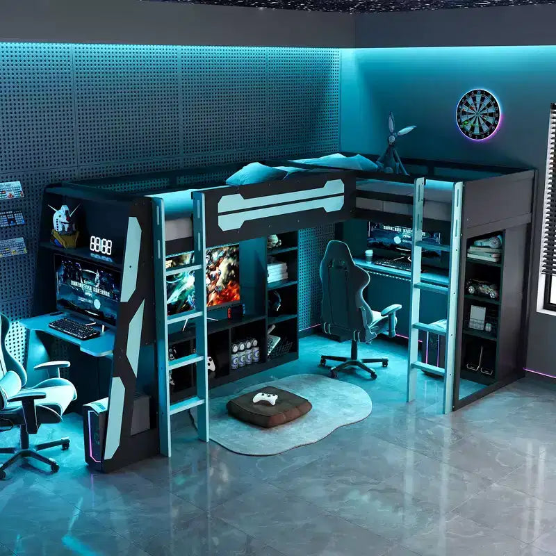 Lit mezzanine de jeu en L avec bureaux, lits superposés doubles avec lumières LED, ports USB, étagères de rangement, lit mezzanine d'angle en bois pour 2 personnes