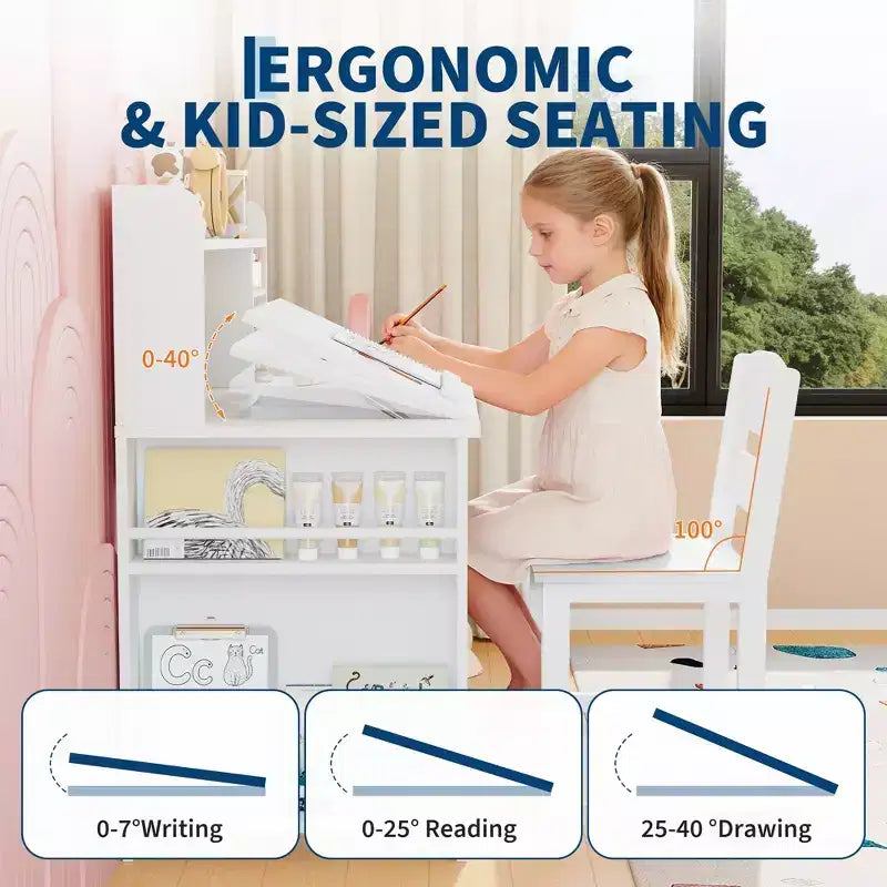 Bureau et chaise d'étude pour enfants avec rangement, bureau d'étude pour enfants avec étagère supérieure et inclinable, pour les 3-8 ans, table d'écriture pour chambre d'enfant