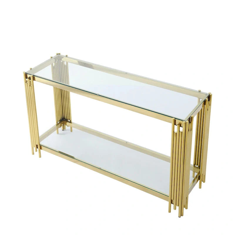 Console étroite à 2 niveaux avec structure en métal doré et plateau en verre trempé