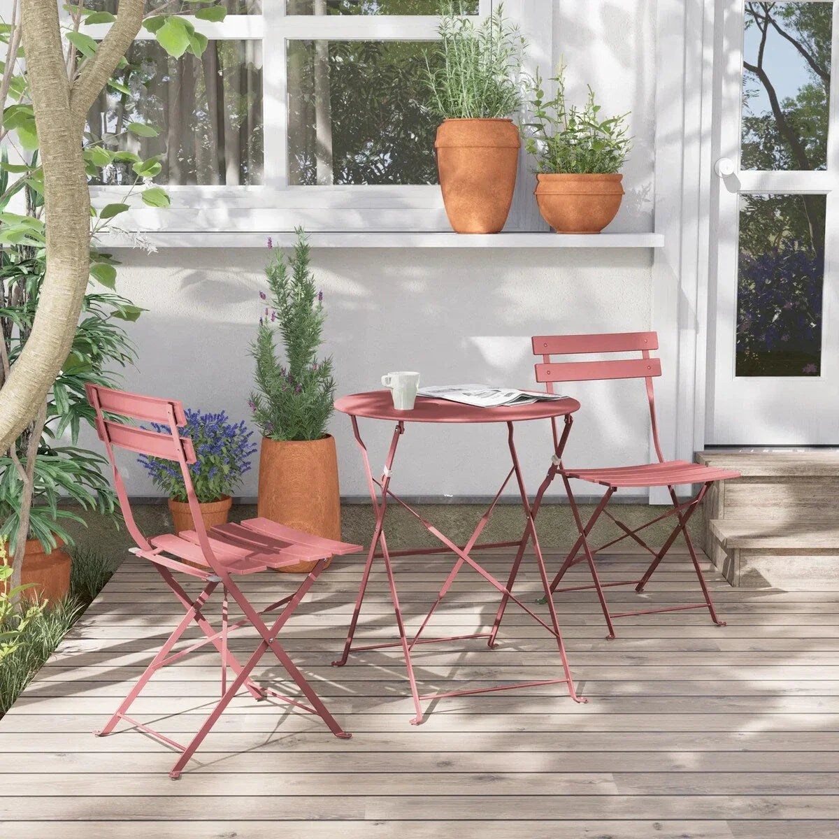 Ensemble bistrot pliant en métal 3 pièces, salon de conversation intérieur/extérieur résistant aux intempéries pour patio, cour, jardin