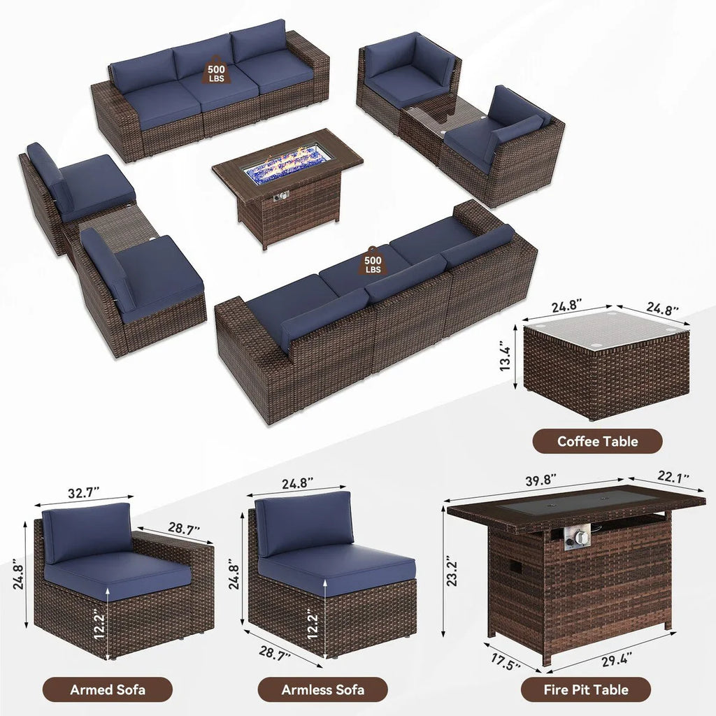 Ensemble de mobilier de jardin 13 pièces avec table brasero de 44 pouces