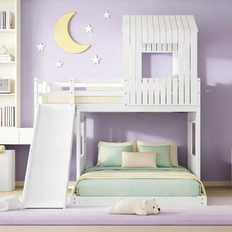 Lit superposé en bois Luxystar avec maisonnette, toboggan et barrières de sécurité, double sur grand lit