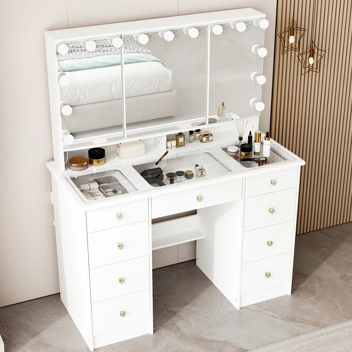 Coiffeuse avec miroir triptyque éclairage certifié et plateau en verre